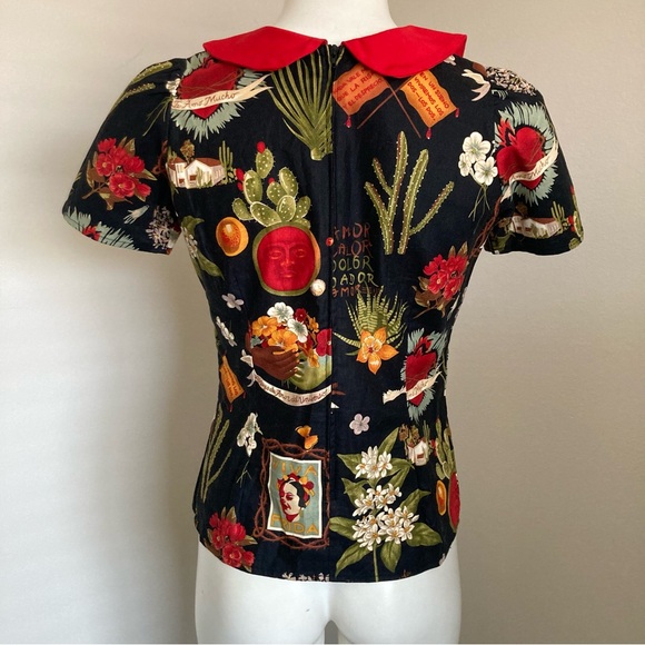 Hemet Store Frida Kahlo Cactus Collared Retro Pinup Top Blouse Sz S - Picture 9 of 11